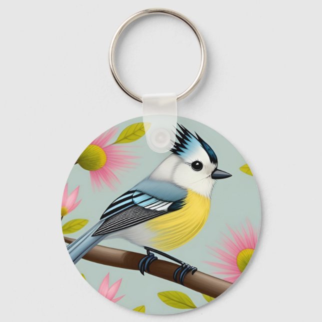 Colourful Bird on Branch Framed with Flowers Key Ring (Front)