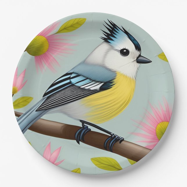 Colourful Bird on Branch Framed with Flowers Paper Plate (Front)