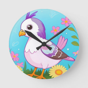 Colourful Bird on Branch Framed with Flowers Round Clock