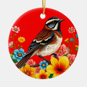 Colourful Bird Perched Among Flowers Ceramic Tree Decoration