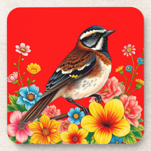 Colourful Bird Perched Among Flowers Coaster
