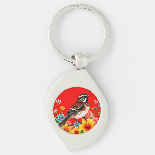 Colourful Bird Perched Among Flowers Key Ring (Front)