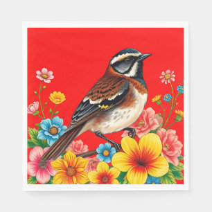 Colourful Bird Perched Among Flowers Napkin