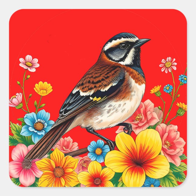 Colourful Bird Perched Among Flowers Square Sticker (Front)