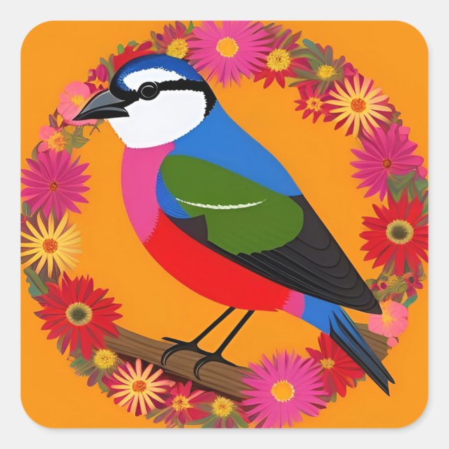 🌸 Colourful Bird Perched Among Flowers Square Sticker (Front)