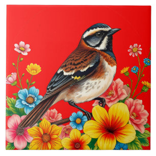 Colourful Bird Perched Among Flowers Tile