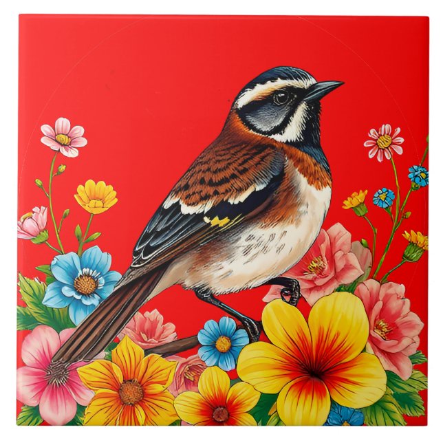 Colourful Bird Perched Among Flowers Tile (Front)
