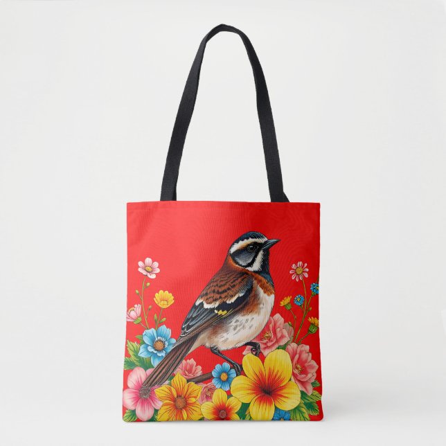 Colourful Bird Perched Among Flowers Tote Bag (Front)