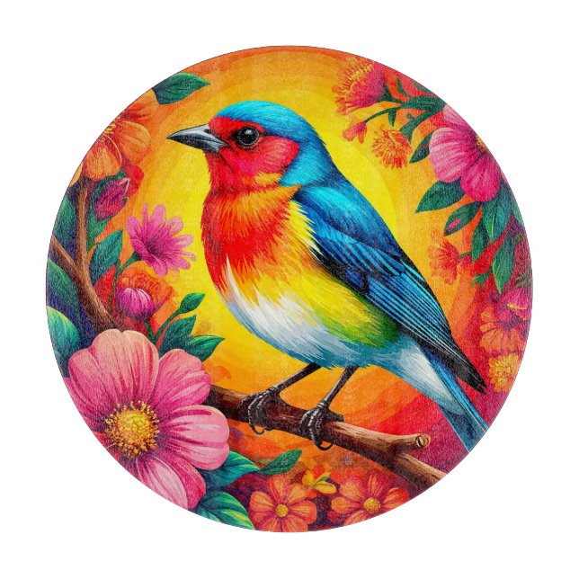 Colourful Bird Perched Among Vibrant Flowers Cutting Board (Front)