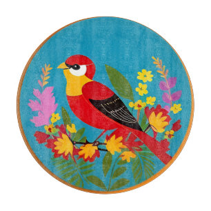Colourful Bird Perched Among Vibrant Flowers Cutting Board