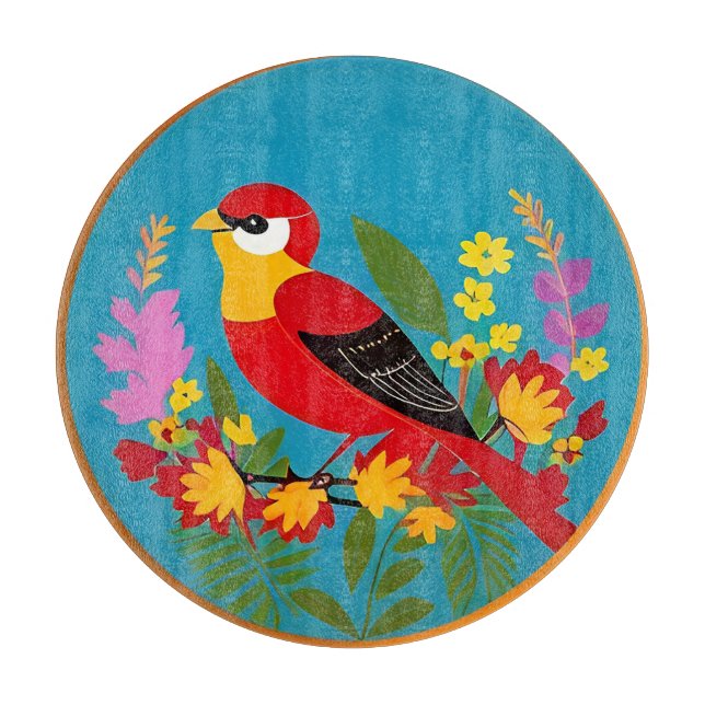 Colourful Bird Perched Among Vibrant Flowers Cutting Board (Front)
