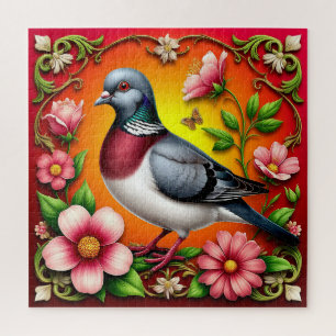 Colourful Bird Perched Among Vibrant Flowers Jigsaw Puzzle