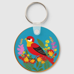 Colourful Bird Perched Among Vibrant Flowers Key Ring