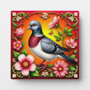 Colourful Bird Perched Among Vibrant Flowers Plaque