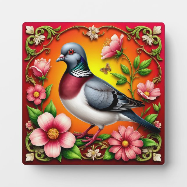 Colourful Bird Perched Among Vibrant Flowers Plaque (Front)