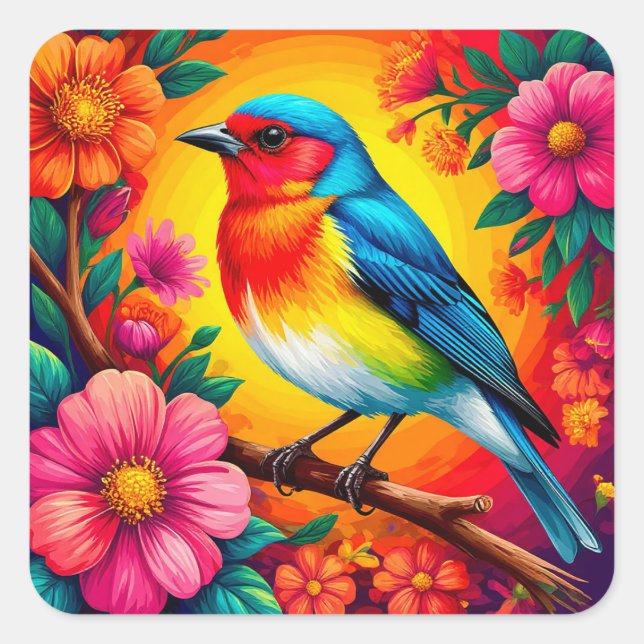 Colourful Bird Perched Among Vibrant Flowers Square Sticker (Front)