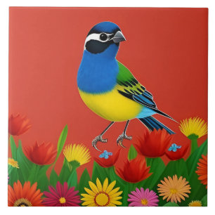 Colourful Bird Perched Among Vibrant Flowers Tile