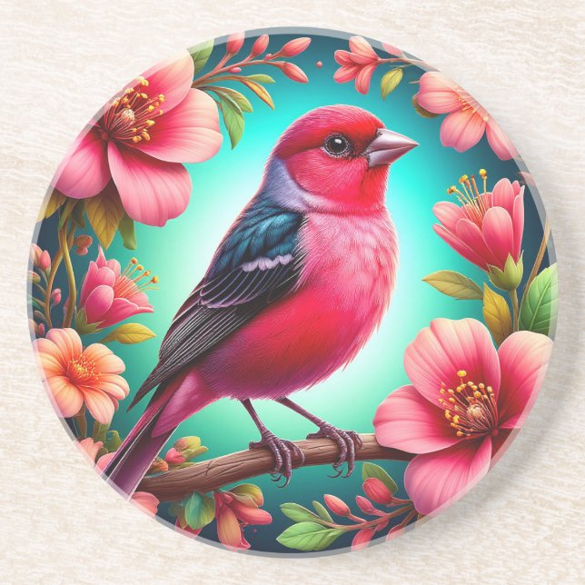 Colourful Bird Perched on Branch Coaster (Front)