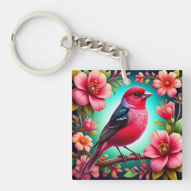 Colourful Bird Perched on Branch Key Ring (Front)