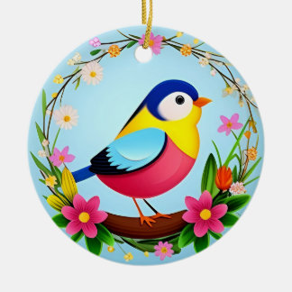 Colourful Bird Surrounded by Flower Wreath Ceramic Tree Decoration