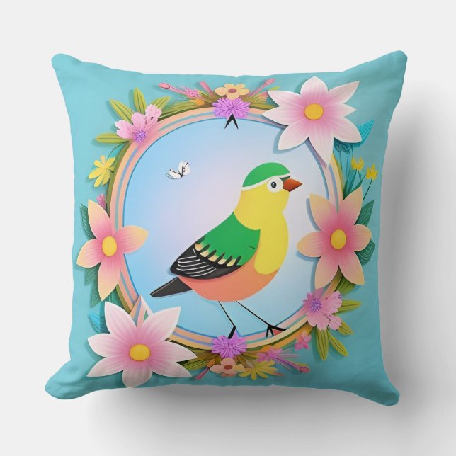 Colourful Bird Surrounded by Flower Wreath Cushion (Front)