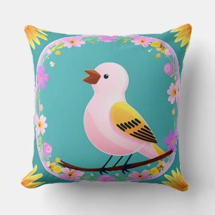 Colourful Bird Surrounded by Flower Wreath Cushion