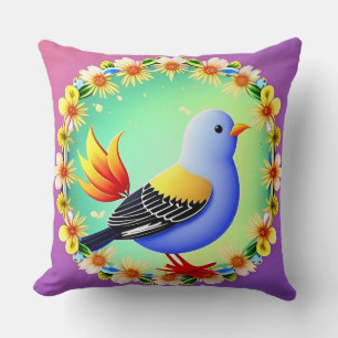 Colourful Bird Surrounded by Flower Wreath Cushion