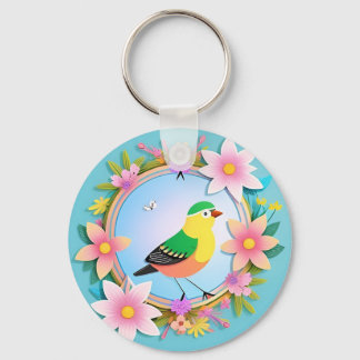 Colourful Bird Surrounded by Flower Wreath Key Ring