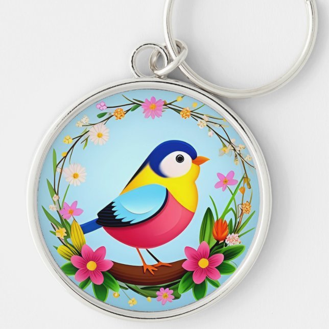 Colourful Bird Surrounded by Flower Wreath Key Ring (Front)
