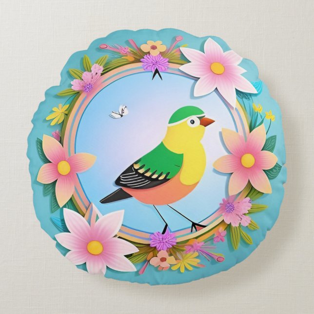 Colourful Bird Surrounded by Flower Wreath Round Cushion (Front)