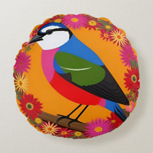 🦜 Colourful Bird Vibrant Floral Nature Art 🦜 Round Cushion