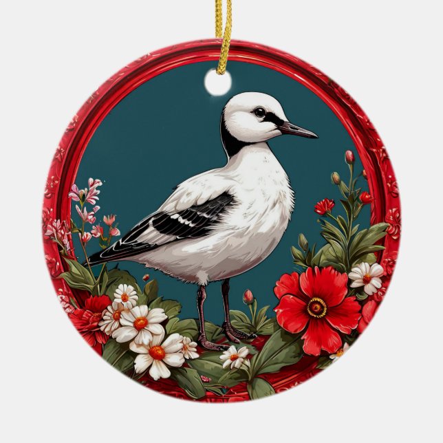 Colourful Bird with Floral Frame Ceramic Tree Decoration (Front)