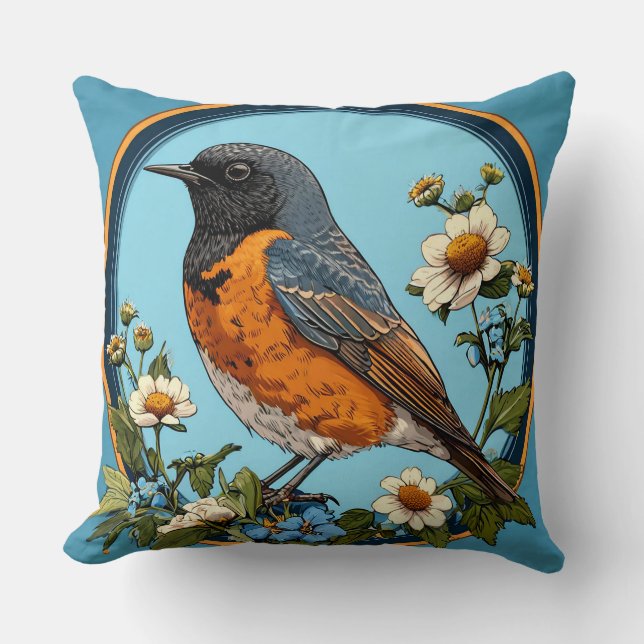 Colourful Bird with Floral Frame Cushion (Front)