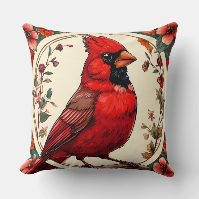 Colourful Bird with Floral Frame Cushion (Front)