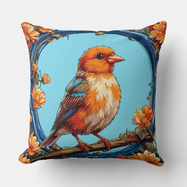 Colourful Bird with Floral Frame Cushion (Front)