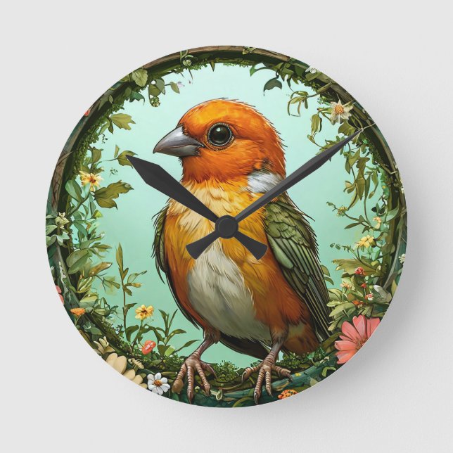 Colourful Bird with Floral Frame Round Clock (Front)