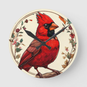 Colourful Bird with Floral Frame Round Clock