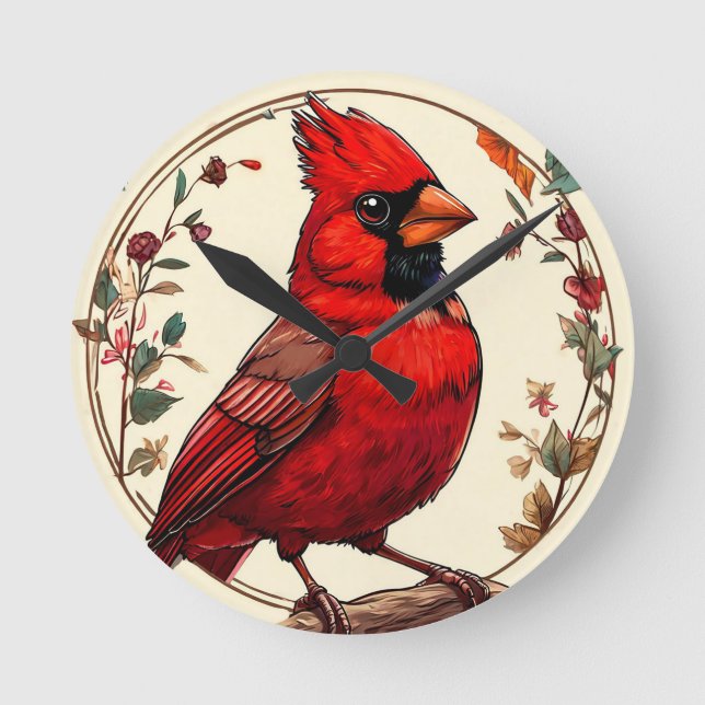 Colourful Bird with Floral Frame Round Clock (Front)