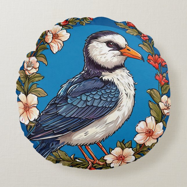 Colourful Bird with Floral Frame Round Cushion (Front)