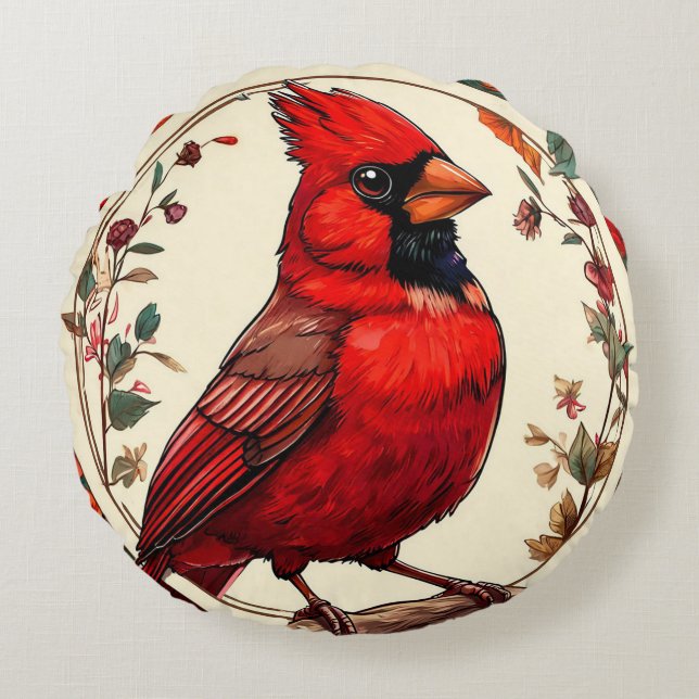 Colourful Bird with Floral Frame Round Cushion (Front)