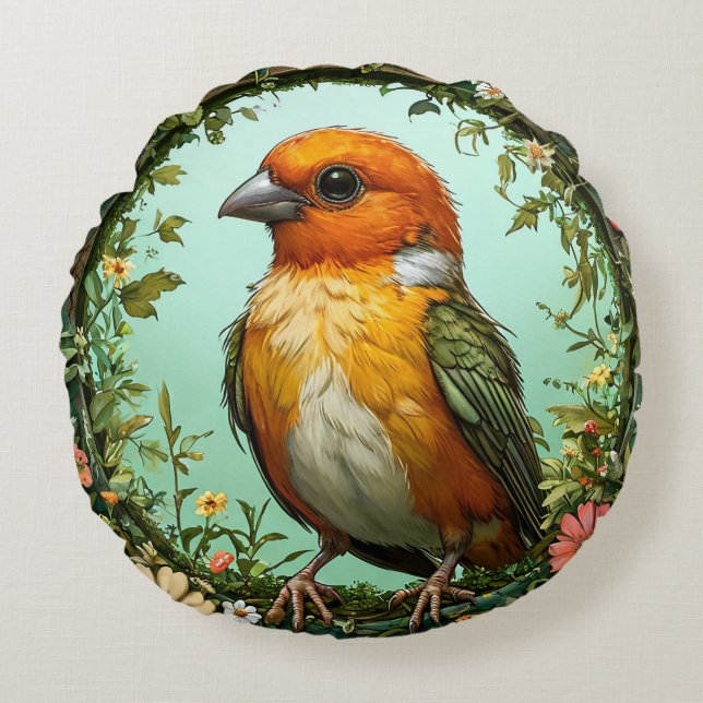 Colourful Bird with Floral Frame Round Cushion (Front)