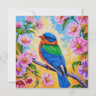 Colourful Bird with Pink Wild Roses Nature Card