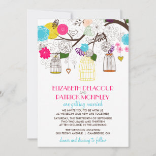 Colourful Birdcages and Flowers Wedding Invitation