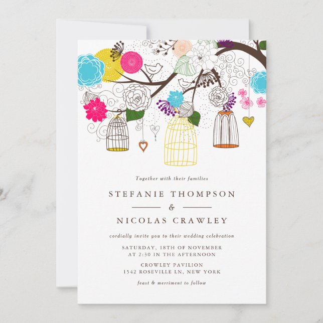 Colourful Birdcages and Flowers Wedding Invitation (Front)