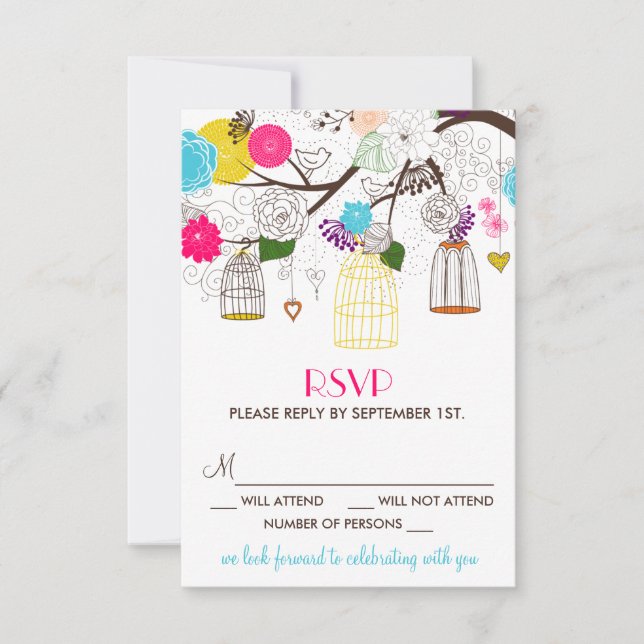 Colourful Birdcages and Flowers Wedding RSVP Card (Front)