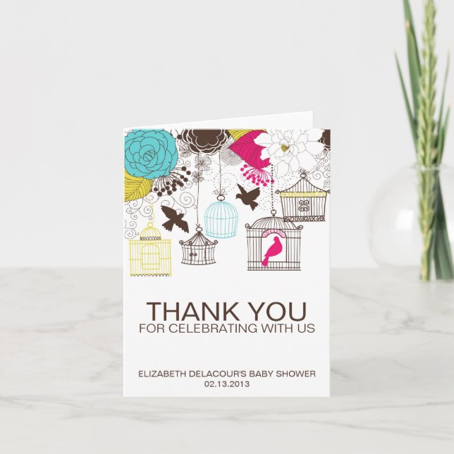 Colourful Birdcages Baby Shower Thank You Card (Front)