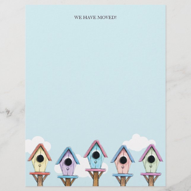 Colourful Birdhouses | We Have Moved Letterhead (Front)
