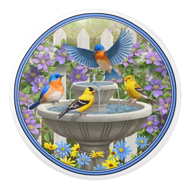 Colourful Birds and Bird Bath Flower Garden Ceramic Knob (Front)