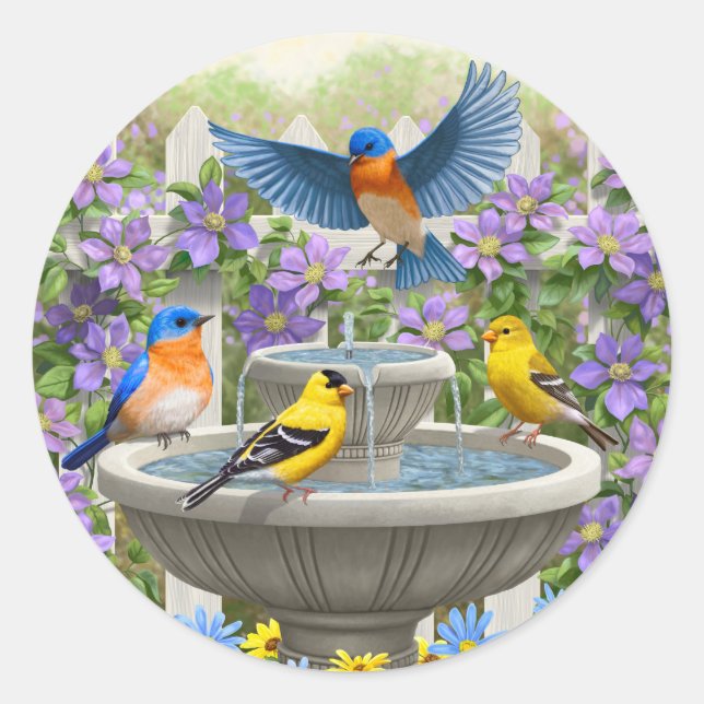 Colourful Birds and Bird Bath Flower Garden Classic Round Sticker (Front)