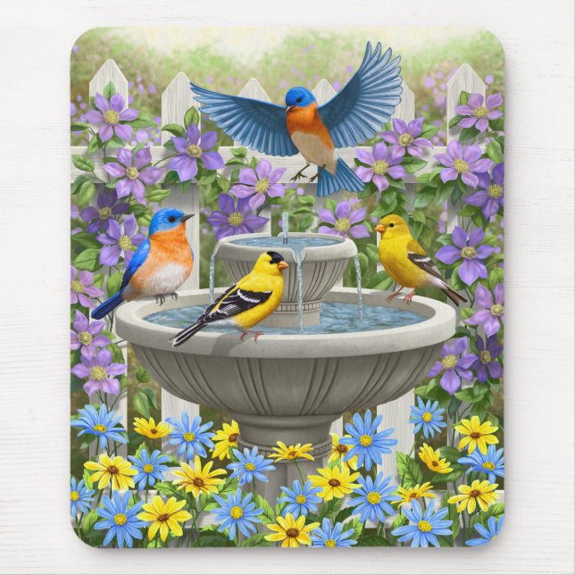 Colourful Birds and Bird Bath Flower Garden Mouse Pad (Front)